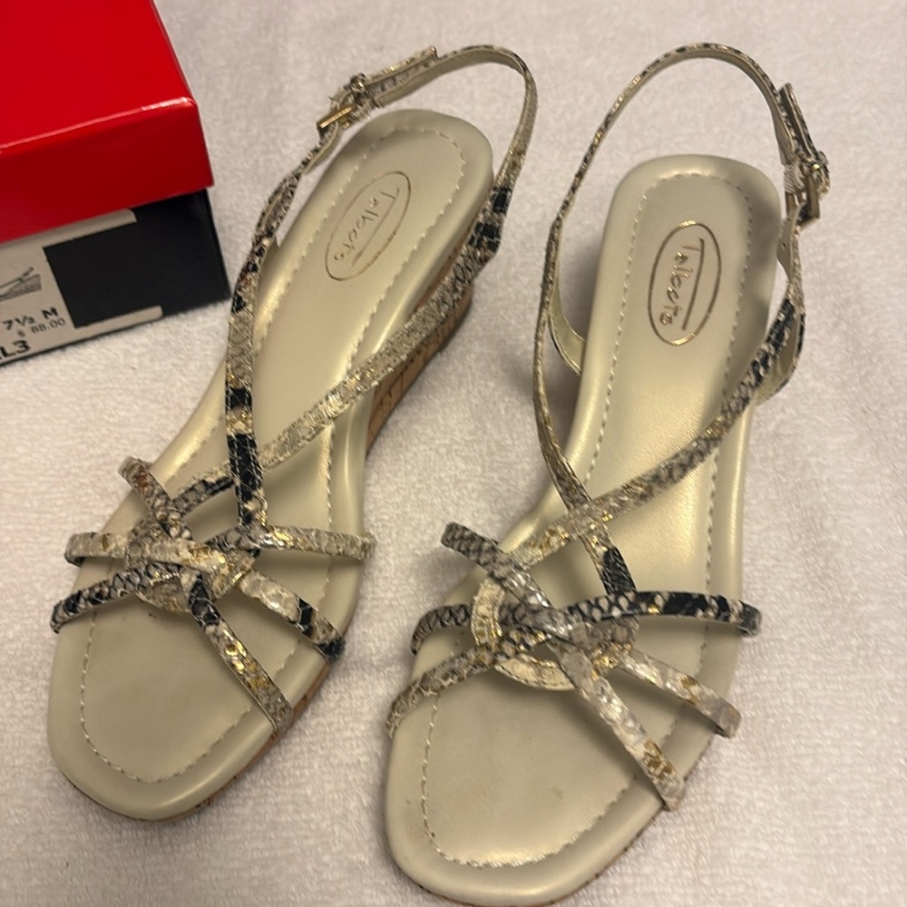 Wedge Sandal by Talbots.  Size 7 1/2, grey and gold multi color.